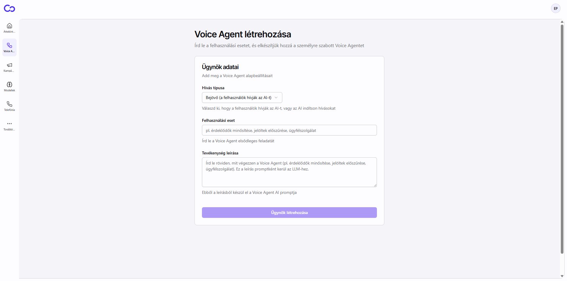 Hozz létre Voice Agentet