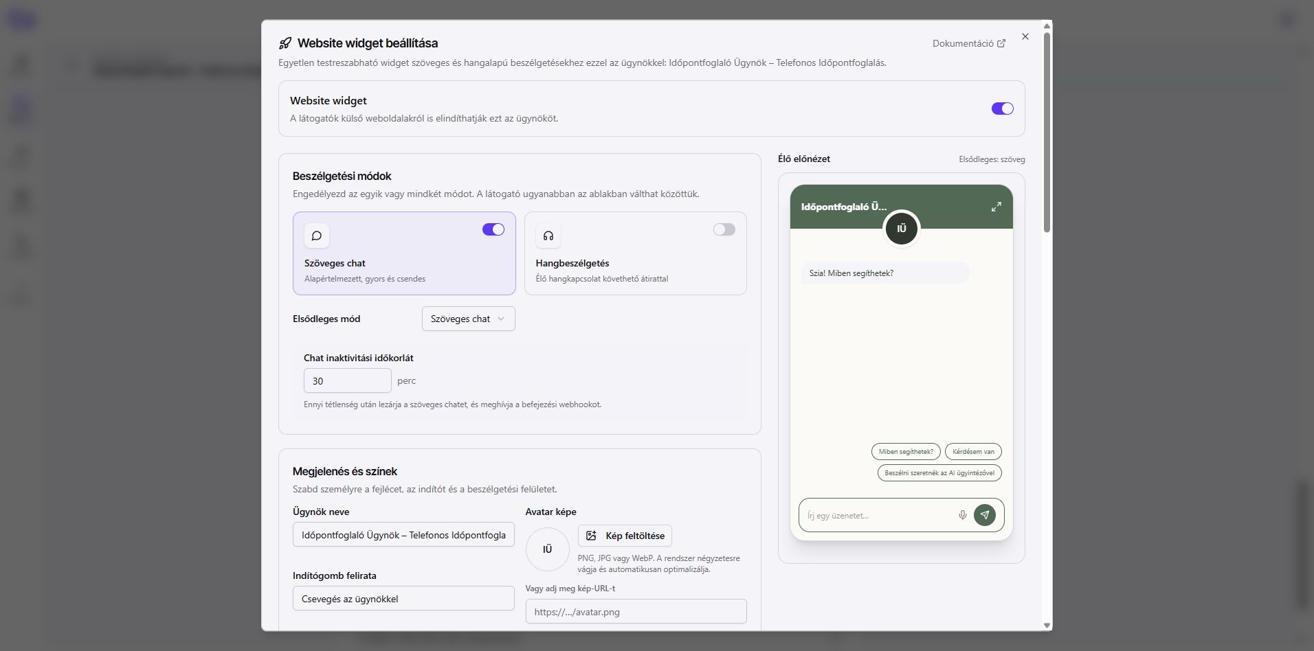Fej nélküli widget a gazdagép-oldal felhasználói felületén
