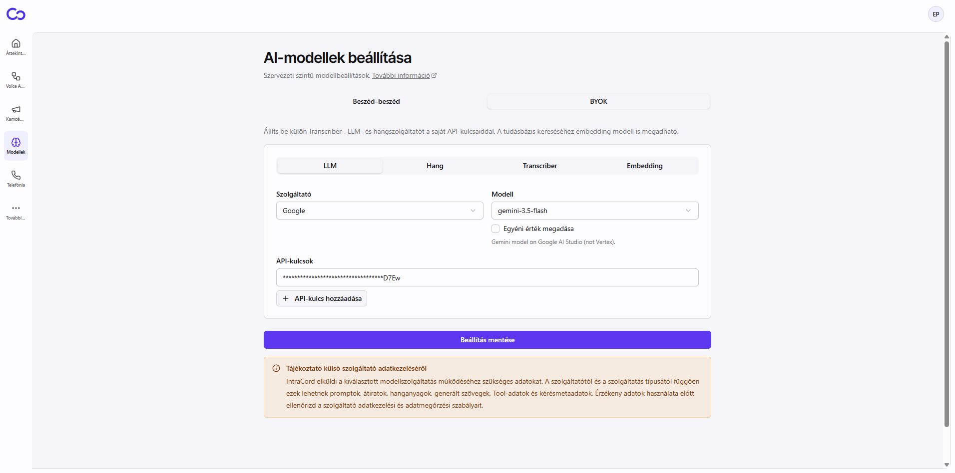 BYOK modellkonfiguráció